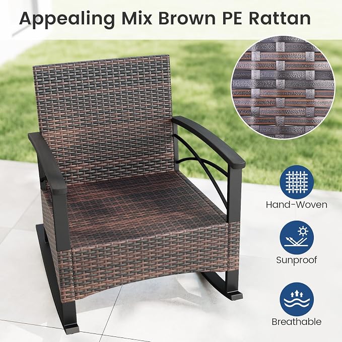Tangkula 3 Piece Rattan Rocking Chair Set, Patio Rocker Bistro Set w/Acacia Wood Tabletop & Armrests, 2 Outdoor Cushioned Armchairs w/Double-Tier Side Table for Porch, Balcony, Backyard - Image 4