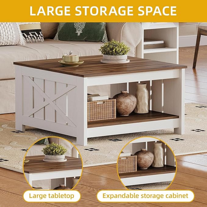 DWVO Farmhouse Coffee Table, Square Coffee Table with Storage, Rustic Wood Cocktail Table, for Living Meeting Room with Half Open Storage Compartment, Brown with White