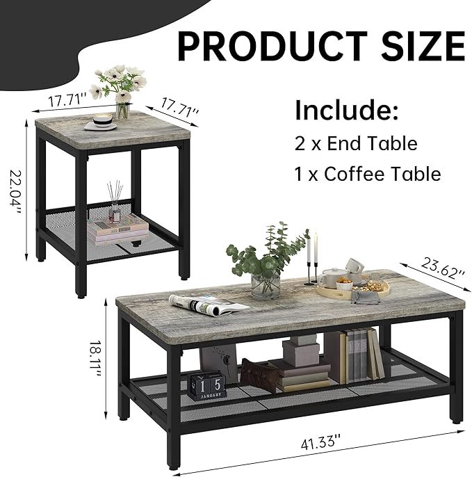 Lamerge 3 Pieces Living Room Table Set, Industrial Coffee Table with 2 Square End Side Tables, Coffee Table Set with Metal Frame for Apartment Home Office (Grey)