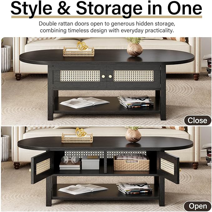 LVB Rattan Coffee Table, Boho Wood Living Room Table with Storage, Oval Modern 2-Tier Cocktail Tea Table with Doors & Open Shelf, Farmhouse Vintage Center Tables for Bedroom Office, Black Oak, 47In