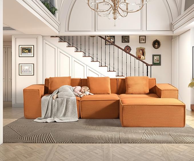 Rowan Convertible Corduroy Sectional Couch with Ottoman & Pillows, Modular L Shaped Sleeper Sofa, Boneless Cloud Couch for Living Room Furniture, Red Orange