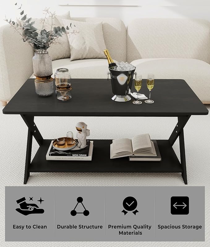 Modern Coffee Table with Storage Shelf, Simple Rectangular Tea Tables for Living Room Bedroom Home Office Black Oak