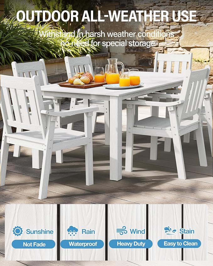 YEFU Outdoor Dining Table for 6: All Weather Rectangular Patio Table with Umbrella Hole and Aluminum Frame - Outdoor Furniture for Outside Backyard/Garden/Pool/Porch/Deck, 300lbs Capacity, White - Image 3