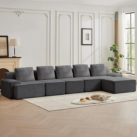 158.2'' Modular Sectional Sofa with Movable Ottoman, 5 Seat Deep Seat Couch with 5 Pillows, Comfy Cloud Sectional Sofa for Living Room, Bedroom (Grey, 1 Left+1 Right+3 Middle+1 Ottoman)