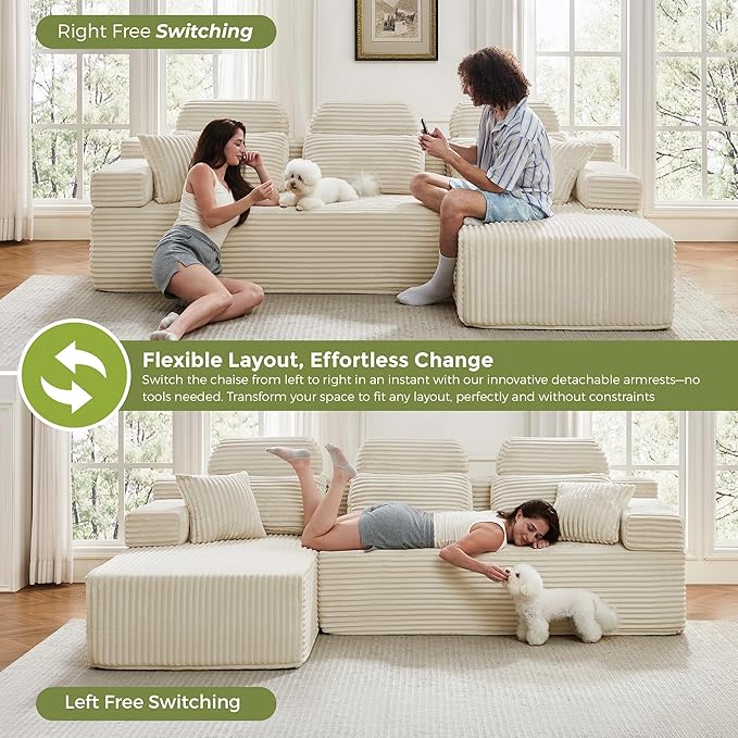 104" L-Shaped Cloud Modular Sectional Sofa with Chaise & Headrest, Boneless Deep Seat Plush Corduroy Couches for Large Living Room, No Assembly Required (White, 104" L-shapred Chaise)