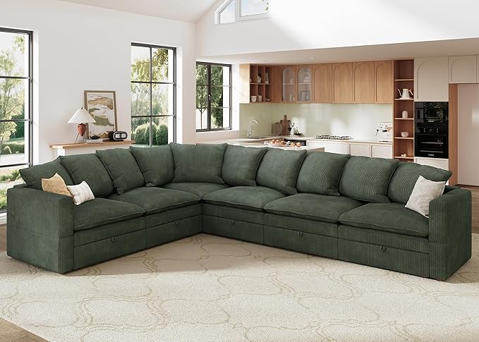 HONBAY Modular Sectional Sofa, 6 Seaters Corduroy Sectional Couch, L Shaped Couch with Storage & Pillows, Green