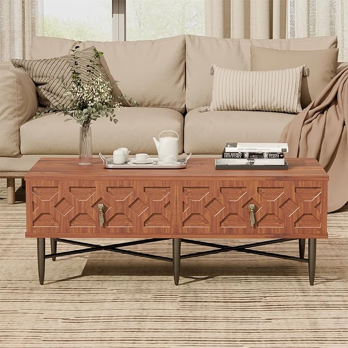 Farmhouse Coffee Table, Carved Decorative Center Table, Tea Table, Fluted Wooden Coffee Table with Storage for Living Room and Office. Walnut Brown