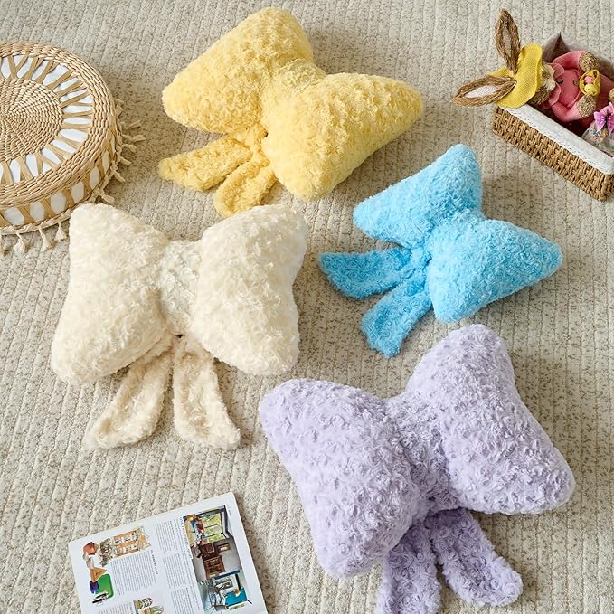 Bow Pillow, Decorative Bow Pillows with Soft Plush for Couch Bed, Bow Shaped Throw Pillow Room Decor for Bedroom, Bow Decorative Pillow for Living Room (Goose Yellow, Small-12 Inches)