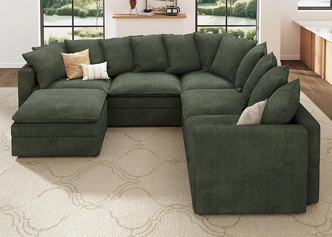 HONBAY Modular Sectional Sofa, 6 Seat U Shaped Corduroy Couch with Storage & Pillows, Convertible Sectional Couches for Living Room, Green