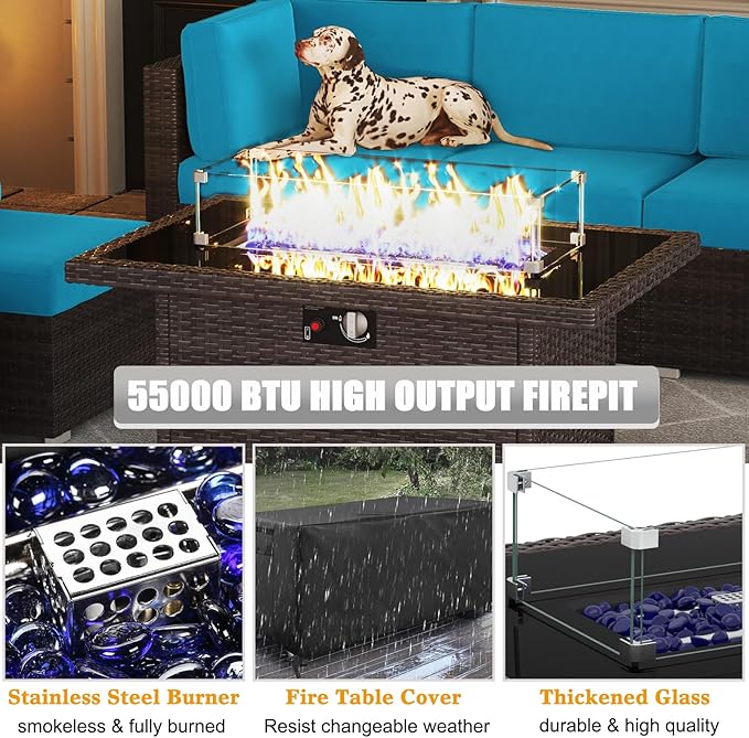 LayinSun 13 Pieces Outdoor Patio Furniture Set with 44" Fire Pit Table Brown Rattan Sectional Sofa Conversation Sets