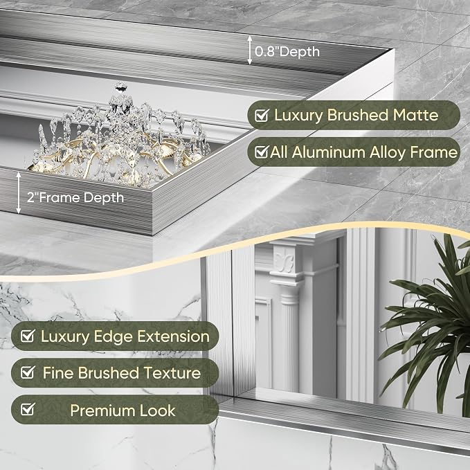 Suidia Bathroom Mirror, 60" x 36" Wall Mirror Metal Framed, Bathroom Vanity Mirror for Living Room Bedroom Bathroom Entryway, Silver, Rect Corner Style - Image 6