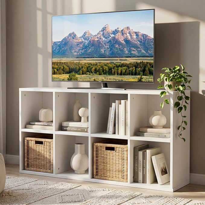 YESHOMY Modern TV Stand for Televisions up to 55 Inch, Mind Century Entertainment Center with 8 Open Shelves for 32/43/50/55 Inchs TVs, Media Furniture for Living Room, White - Image 7
