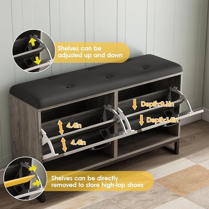 Maupvit Shoe Cabinet with 2 Flip Drawers & Coat Rack, Shoe Storage Bench with Seat Cushion for Entryway, 5 Large Sturdy Metal Hooks - with Locking Wall Parts, Washed Gray - Image 5