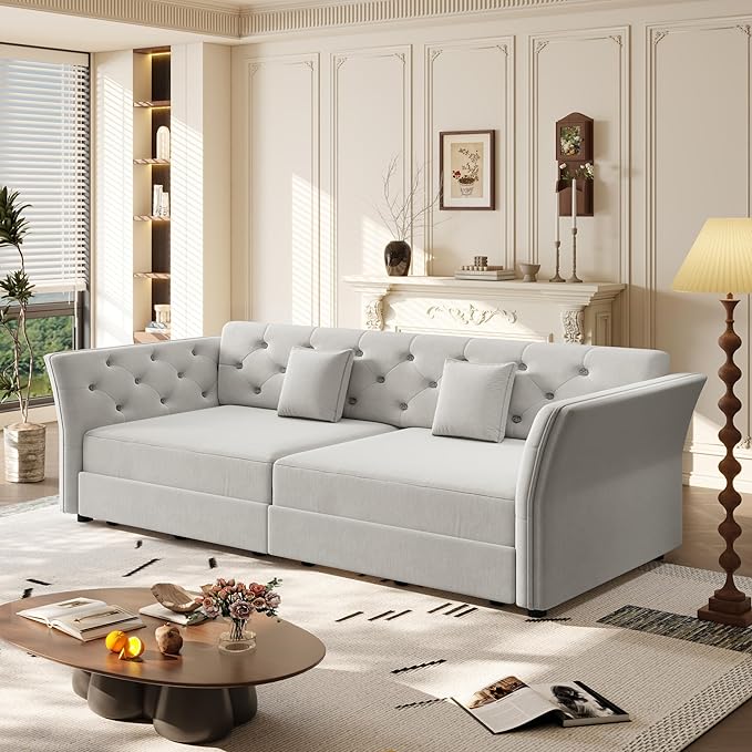 ERYE 3-in-1 Foldable Sleeper Sofa Bed Velvet Fabric Loveseat Sofabed, 74-Inch Queen Loveseat Convertible Pull Out Sleeper Couch Bed with Flower Tufted Accent, Easy Assemble