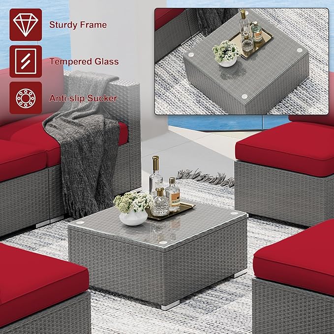 SUNCROWN Outdoor Patio Furniture Set 7 Piece Outdoor Sectional Sofa Grey Wicker Conversation Sofa Set with Coffee Table and Cushions -Red