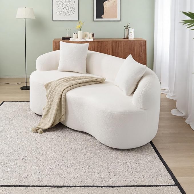 Curved Compression Sofa, Modern Loveseat Couch with Rounded Armrests & 2 Coordinating Pillows, 67'' Polyester 2 Seater Sofa for Small Living Room, Bedroom and Offices, No Assembly, White