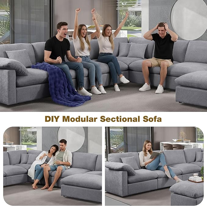 144-Inch Oversized L-Shaped Symmetrical Sectional Cloud Sofa,Modern 8 Seat Modular Cloud Sofa Luxury Convertible Couch with 6 Pillows and Movable Ottoman for Living Room