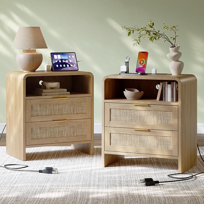 Evermagin Rattan Nightstand Set of 2 with Charging Station, 23" Large Oak Night Stand with 2 Rattan Drawers, Boho Bedside Table Tall End Table with Outlet for Bedroom by Evermagin