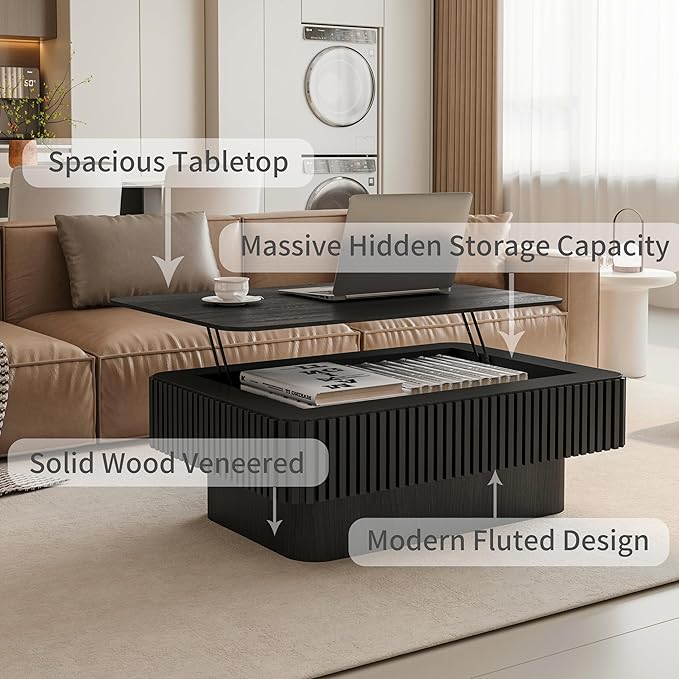 38.6'' Lift-top Coffee Table Solid Wood Veneered Center Table Rectangular Fluted Table with Storage and Adjustable Height for Living Room Apartment Office, Black