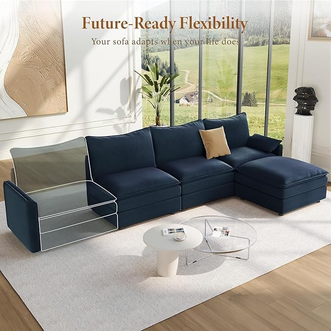 Vesgantti 108" Modular Sectional Sofa, Comfy Cloud Couch with Movable Ottoman Deep Seat Chenille L Shaped Modular Sofa, Sectional Couches for Living Room, Bedroom and Apartment, Blue