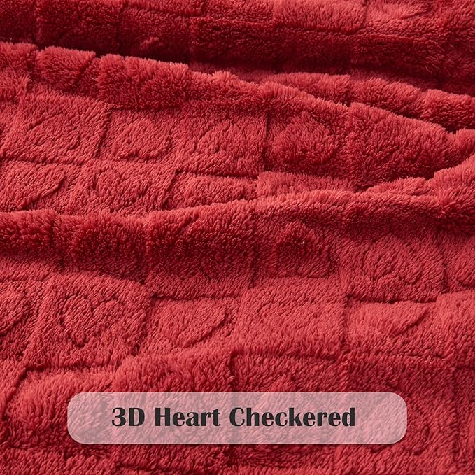 NEWCOSPLAY Super Soft King Blanket Red Premium Silky Flannel Fleece 3D Heart Checkered Lightweight Bed Blanket All Season Use (Red Heart, King(90"x110"))