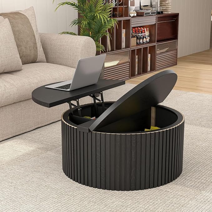 Fluted Lift Top Coffee Table with Hidden Storage, 31.6 Inch Round Coffee Tables for Living Room, Modern Circle Wood Center Tables for Home (Black)