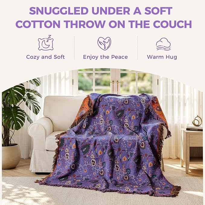 Boho Throw Blanket for Bed 100% Cotton Soft Lightweight Quilt Home Decor Purple Spring Bed Blanket,Floral Embroidery Reversible All Season Breathable Twin Throws for Sofa Couch Chair 60"x80"