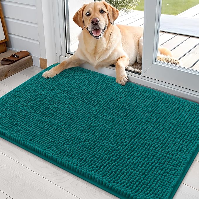 OLANLY Dog Door Mat for Muddy Paws 35x24, Absorbs Moisture and Dirt, Absorbent Non-Slip Washable Doormat, Quick Dry Chenille Mud Mat for Dogs, Entry Indoor Entryway Carpet for Inside Floor, Lake Blue by OLANLY