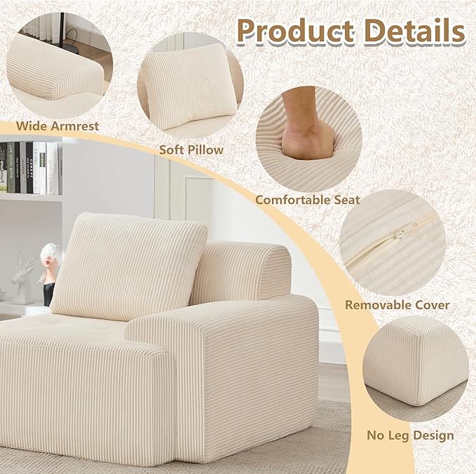 KIGOTY Modular Sectional Sofa, Comfy Cloud Sectional Couch with Right Armrest, Corner Sofa, Modern Boneless Couch for Living Room, No Assembly Required, White