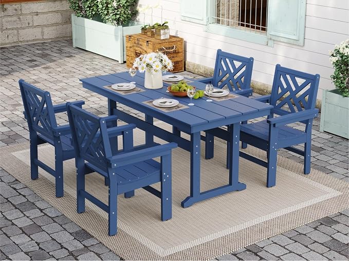 5-Piece Outdoor Dining Set, HDPE All-Weather Patio Table and Chairs Set for 4, Outdoor Patio Furniture Sets with Umbrella Hole for Outside, Deck, Backyard, Garden (Navy Blue) by BIVODA