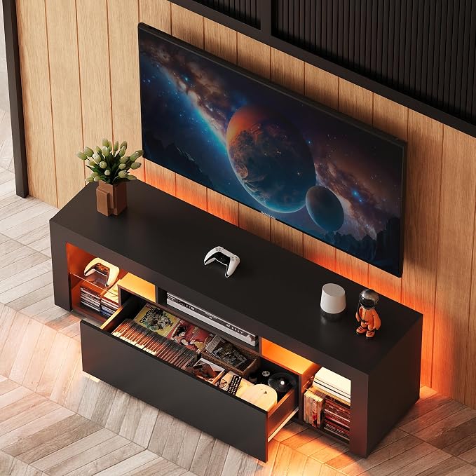 WLIVE TV Stand with LED Lights & 2 Large Storage Drawers, Modern Entertainment Center for 32/43/50/55/60 Inchs TVs, Sturdy TV Console for Living Room, Bedroom(Black) - Image 8
