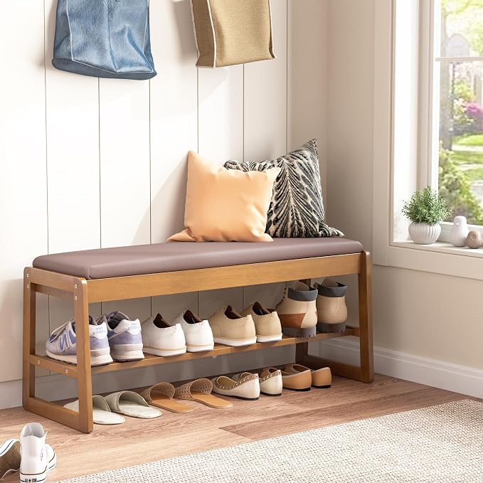 Shoe Storage Bench with Cushion - 2-Tier Shoe Rack Entryway Bench with Flip-Top Storage, Walnut Wooden Shoes Benches Organizer for Entryway, Hallway, Living Room, Bedroom, Closet(Walnut, 39.4" W) - Image 8