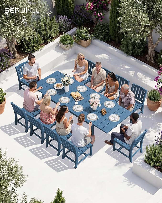 SERWALL 9-Piece Outdoor Dining Set, 60" - 83" Expandable Outdoor Dining Table and 8 HDPE Chairs, All Weather HDPE Outdoor Furniture Set for Backyard, Garden, Blue - Image 8