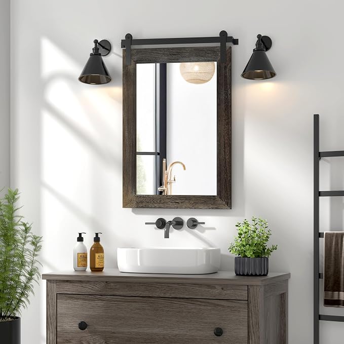 COGOOD Farmhouse Barn Door Mirror - 21" x 30" Rustic Wood Framed Wall Mirror for Bathroom, Living Room, Entryway Wall Decor (Speckled White) by COGOOD