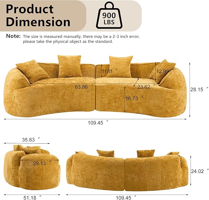 109-Inch Curved Boneless Sofa Couches Compressed 4-Seat Foam Couch for Living Room Bedroom, Boneless Modular Cloud Sofa Curved Floor Couch with 4 Pillows, No Assembly