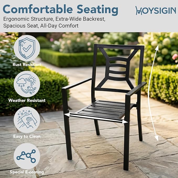 7 Piece Outdoor Patio Dining Sets, 60" Rectangular Metal Dining Table with Umbrella Hole & 6 Stackable Metal Chairs, Weather Resistant Garden Furniture Set for Backyard, Deck, Porch - Image 6