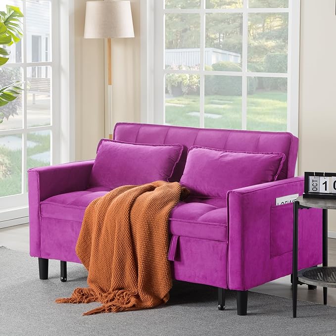 3 in 1 Convertible Sofa Bed, Love Seat Sleeper Bed with Side Pockets, Velvet Fabric Pull Out Couch with Adjustable Backrest for Living Room, Bedroom, Apartment, Deep Pink