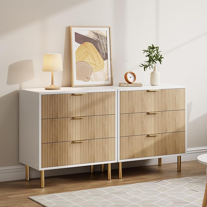 GarveeHome Natural Dresser, Modern 3 Drawer Dresser for Bedroom with Gold Handle and Large Drawer, Wood Double Chest of Drawers and Storage Organizer for Living Room, Hallway, Entryway - Image 5