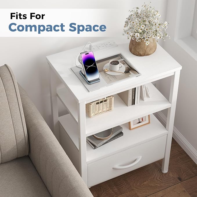 OLIXIS Nightstand with Charging Station, Bedside Tables with USB Ports and Fabric Drawer, Small Night Stand with Open Adjustable Shelf, Compact End Table for Bedroom, White - Image 8