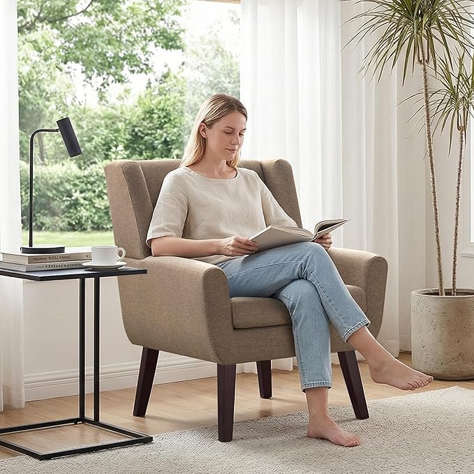 HUIMO Accent Chairs for Living Room,Linen Button-Tufted Upholstered Armchair with Wooden Legs,Comfy Mid Century Modern Chair for Bedroom Apartment Waiting Room Brown
