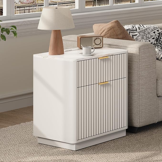 24” Tall Nightstand - Fluted Night Stand with Charging Station Faux Marble Top Bedside Table with Curved Profile Design for Bedroom/ 2 Drawer, White - Image 3