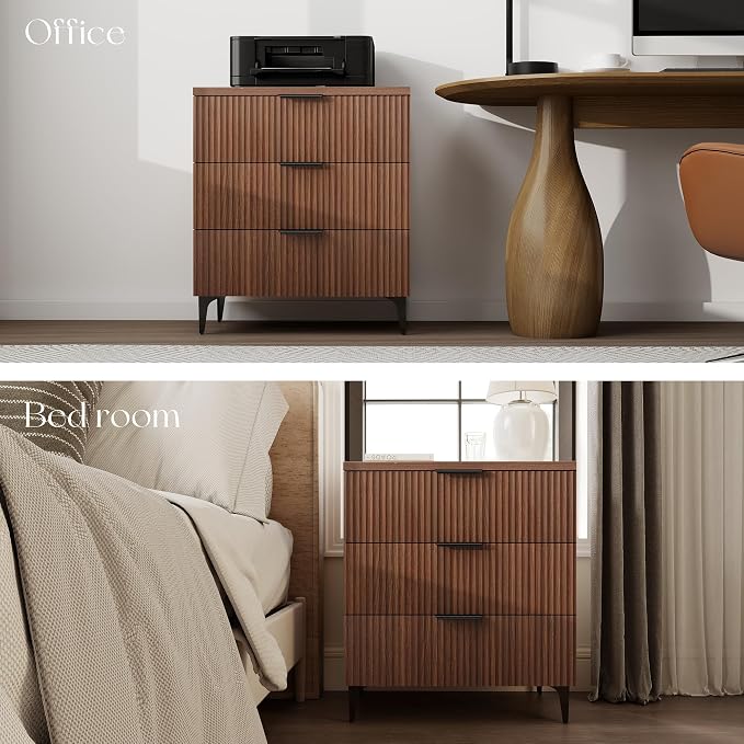 25.6"W Fluted Nightstand with 3 Drawer, Mid-century Modern Wood Night Stands Bedside Table for Bedroom King/Queen Bed, End Table with Robot-friendly Legs for Living Room,Entry (3 Drawers-1pcs-Walnut) - Image 5