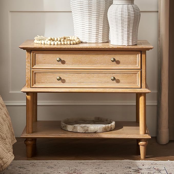 HULALA HOME Farmhouse Nightstand with Drawer & Open Shelf, Natural Wood End Table with Solid Wood Legs, 28.4'' Wide Sofa Side Table with Charging Station(Oak) by HULALAHOME