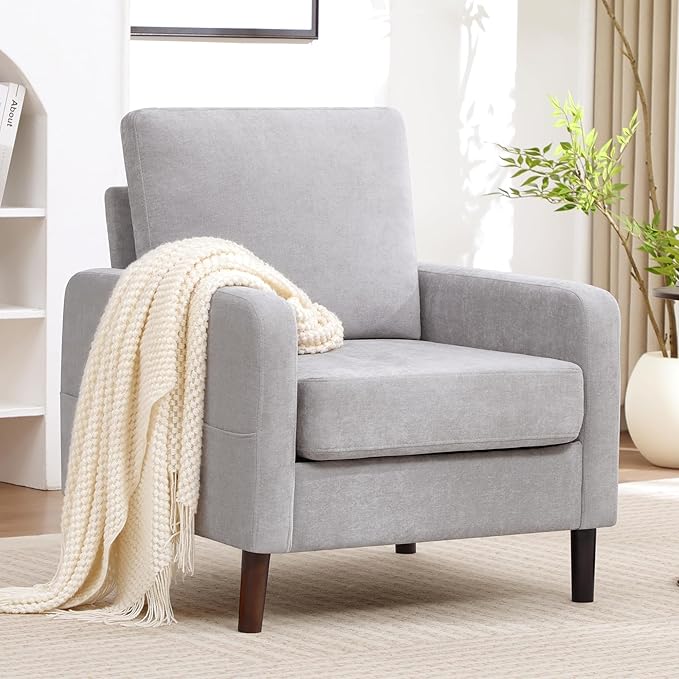 Accent Chair Set of 2, Upholstered Living Room Chairs with Wood Legs and Side Pockets, Modern Reading Chair for Bedroom, Armchair Single Sofa Side Chair for Office, Small Room, Light Grey