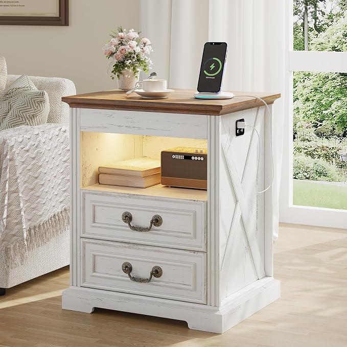 Dystler Night Stand with Gun Drawer, Bedside Table with LED Light & Human Sensor, Nightstand Gun Safe with 2 Drawers for Bedroom, Farmhouse End Table with Charger Station, Antique White - Image 9
