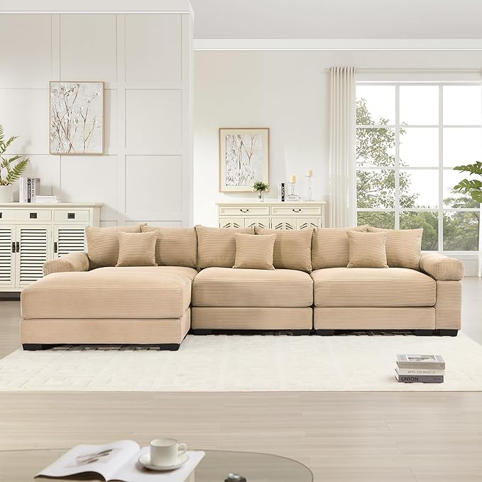 KEIKI 130" L-Shaped Oversized Corduroy Modular Cloud Sectional Sofa with 1 Ottoman, High-Density Foam Cushion, Extra-Thick Armrest, 3-Seater Fluffy Corner Couch with 9 Pillow, for Living Room, Camel