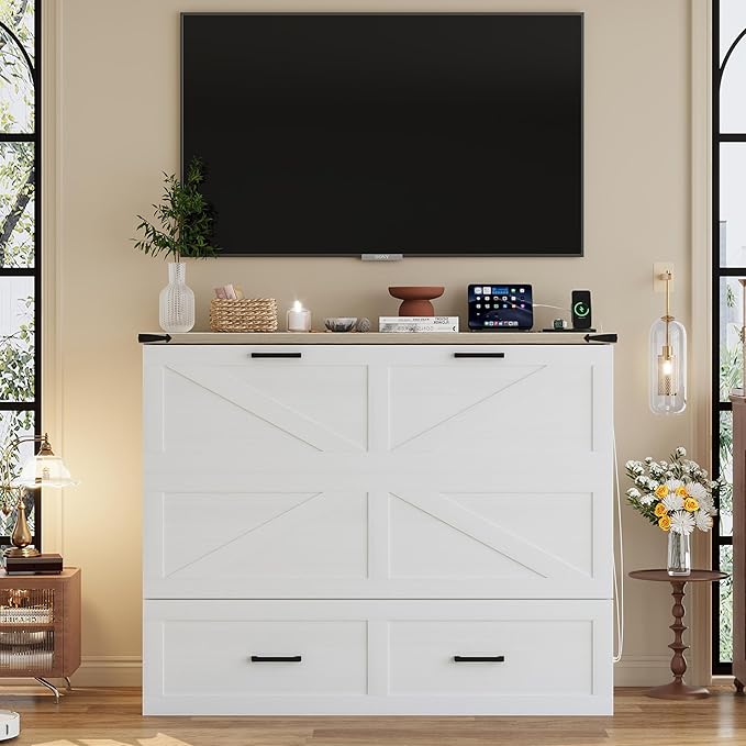Bellemave Full Size Murphy Bed, Cabinet Bed with Charging Station and Storage, Farmhouse Murphy Cabinet with Foldable Panel, Noisy Free, for Guest Bedroom, Living Room, Office, White