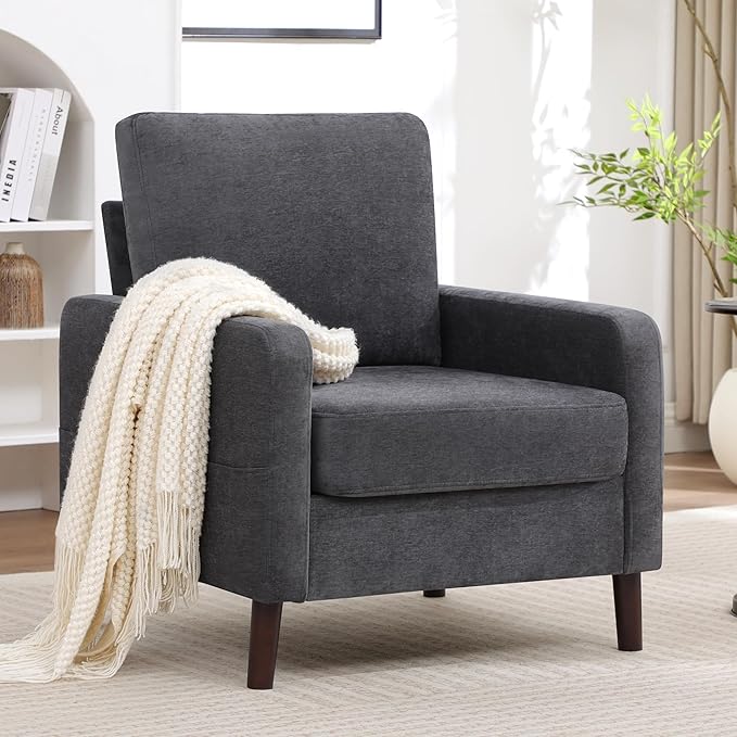 Accent Chair for Living Room, Modern Reading Chair for Bedroom, Upholstered Armchair with Wood Legs and Side Pockets, Single Sofa Side Chair for Office, Small Room, Apartment, Dark Grey