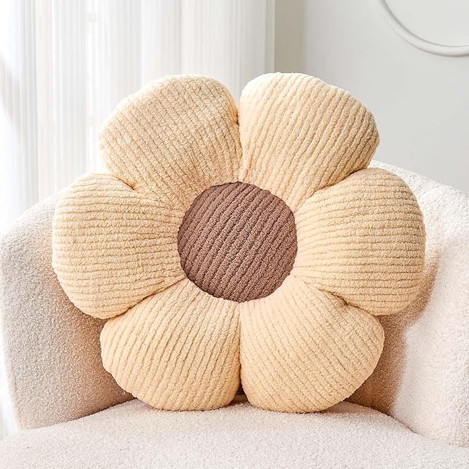 Kcvvcr White Brown Flower Pillow, 14.9" Cute Flower Shaped Floor Pillow, Aesthetic Floral Plush Daisy Decorative Throw Pillows for Bed Sofa Couch