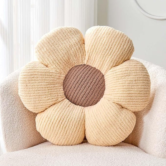 Kcvvcr White Brown Flower Pillow, 14.9" Cute Flower Shaped Floor Pillow, Aesthetic Floral Plush Daisy Decorative Throw Pillows for Bed Sofa Couch